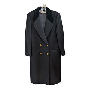Vintage Pavilion Petite Black Wool Double Breasted Coat Size 18 Velvet Collar